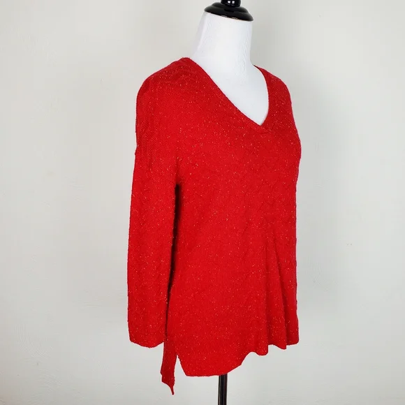 Lucky Brand Sweater Zig Zag Confetti Red Boho Speckled Spring Fall Quirky - Picture 2 of 10